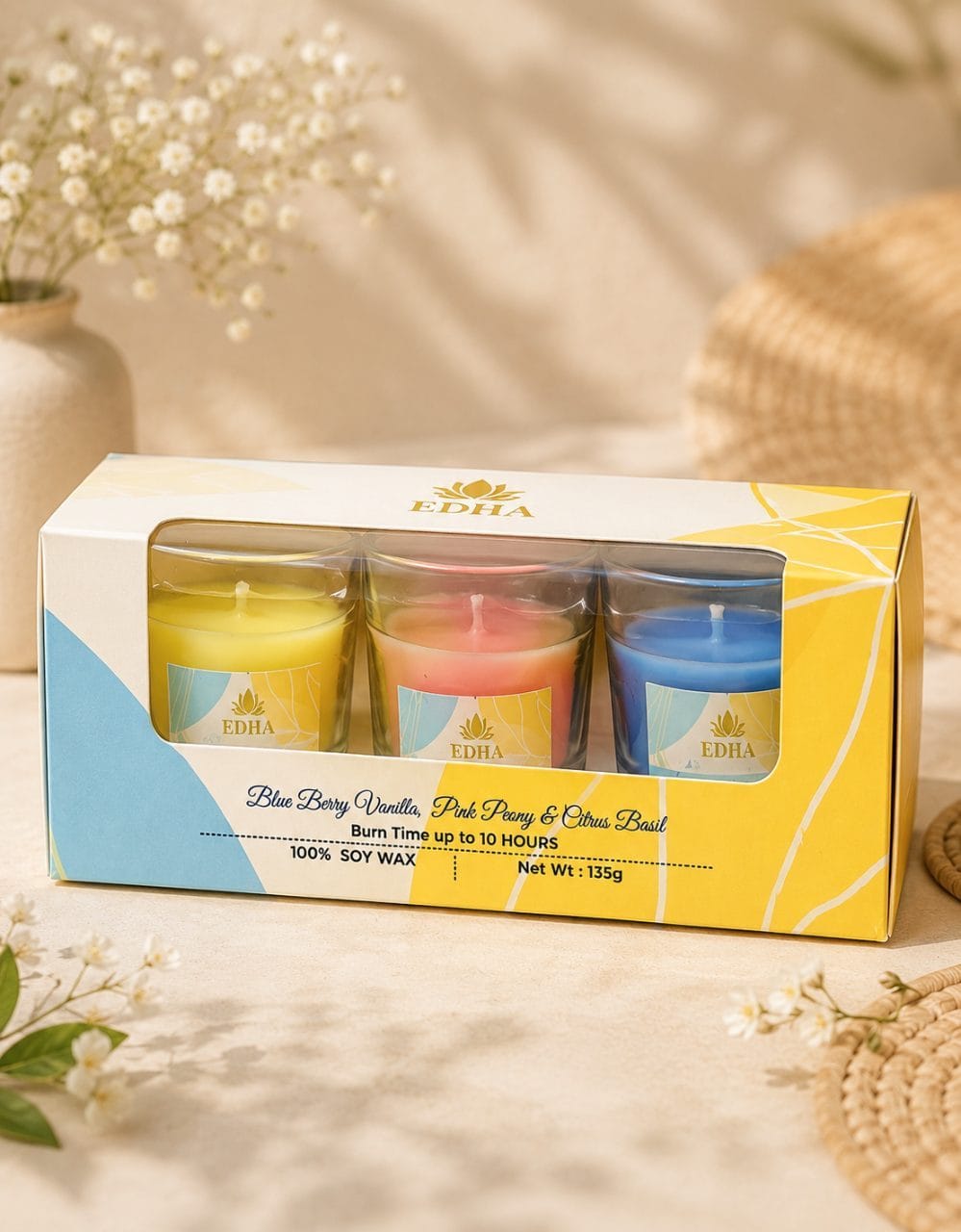 Pack Of 3 | Votive Glass Candle | 135g Total 100% Soy Wax | 10-Hour Burn  