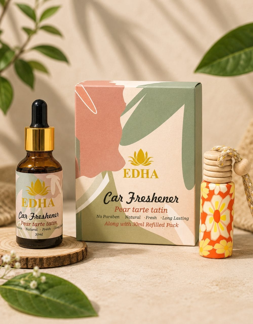 Hanging Car Freshener with Pear Tarte Tatin Refill | 7ml Bottle+30ml Dropper  