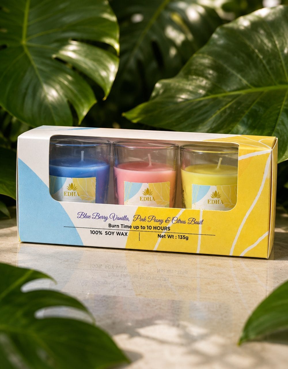 Pack Of 3 | Votive Glass Candle | 135g Total 100% Soy Wax | 10-Hour Burn  
